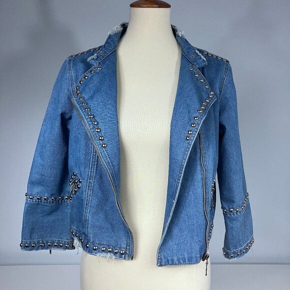 Fernanda Farah Snake Patch Denim Crop Moto Jacket Embroidered Studded Medium - Picture 5 of 14